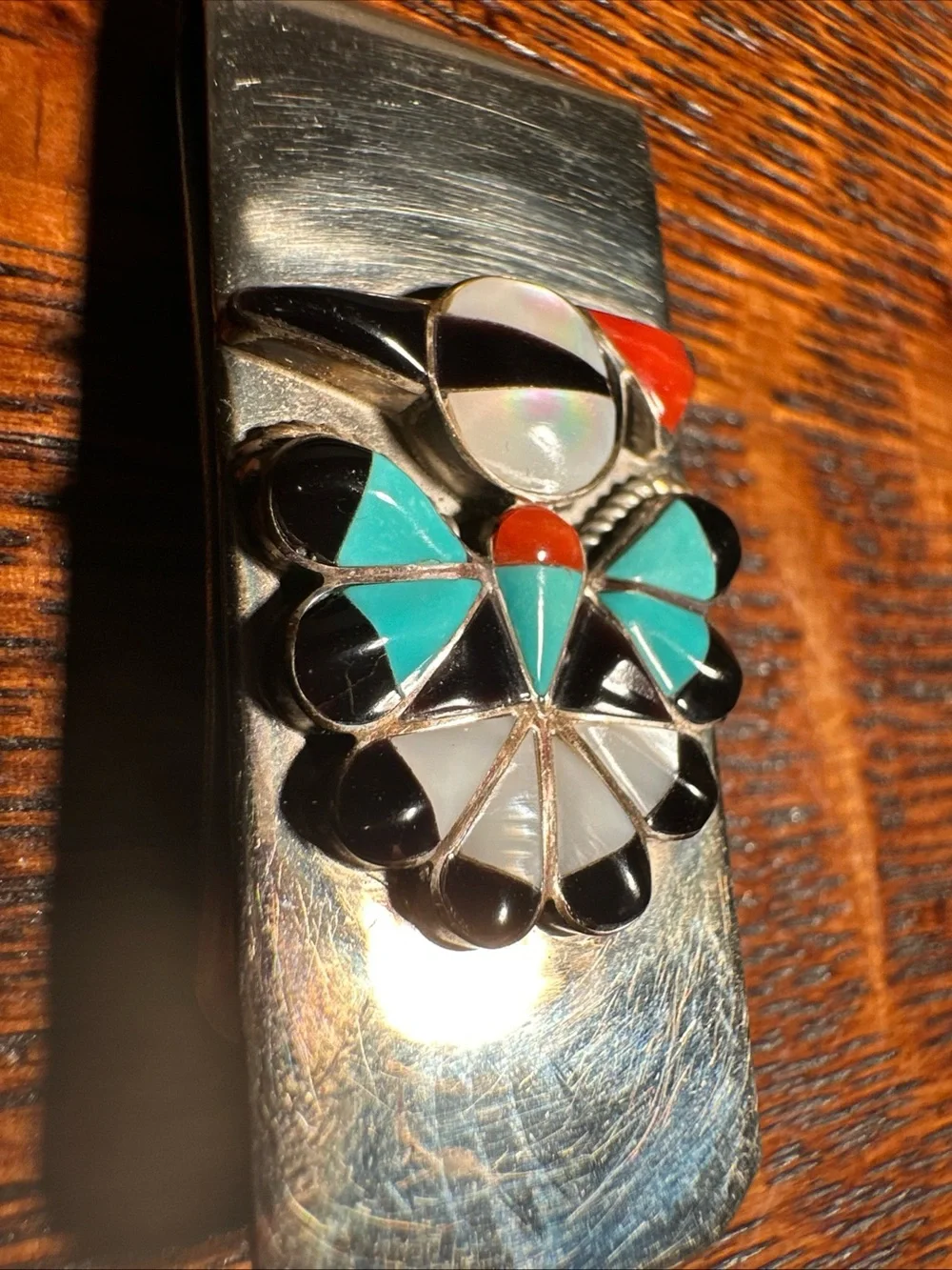 VTG Native American Sterling Silver MOP Turquoise Peyote Water Bird Money Clip
